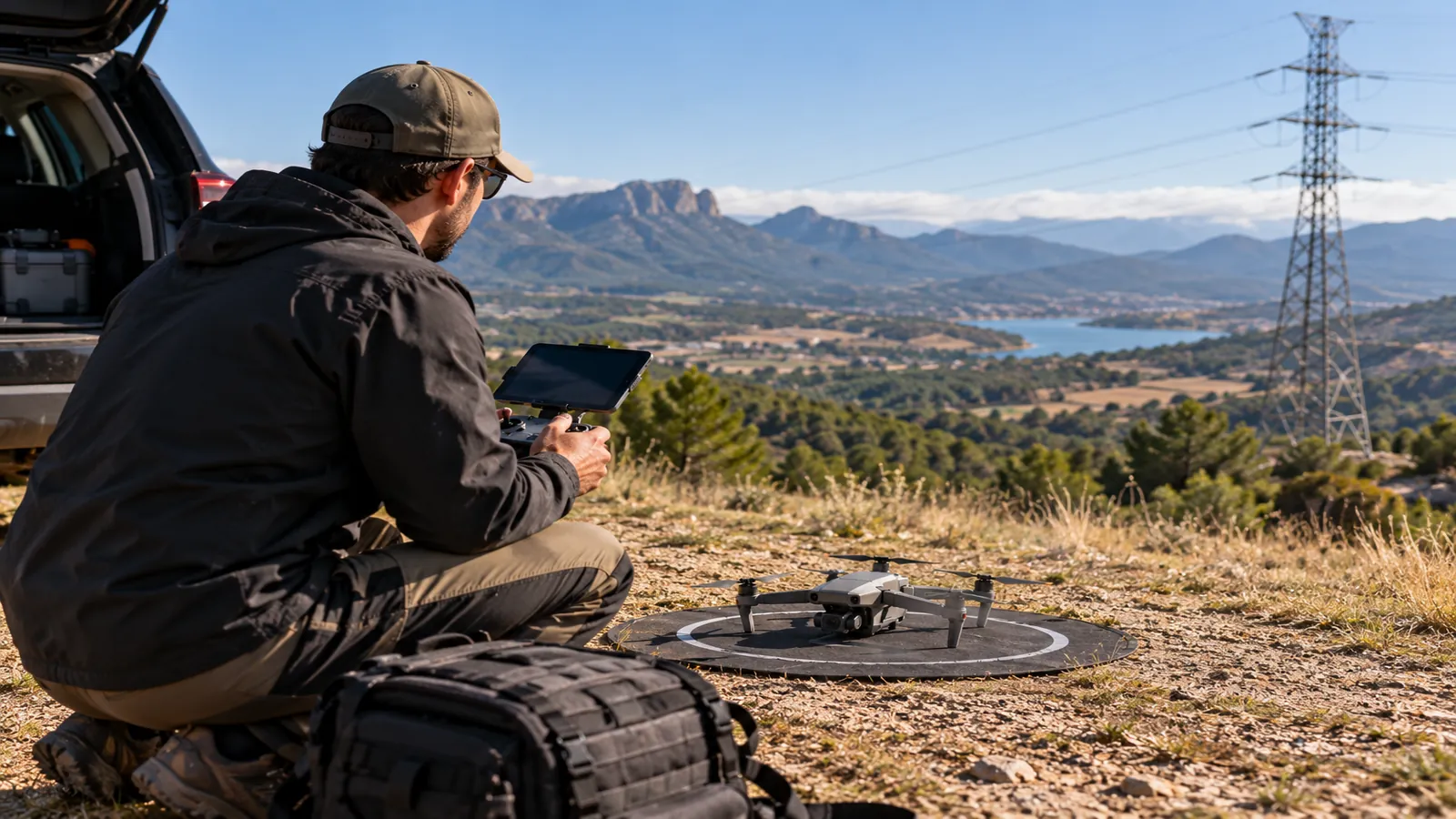 Piloto preparando un dron en una zona abierta, con un vehículo y un tendido eléctrico visibles a distancia.