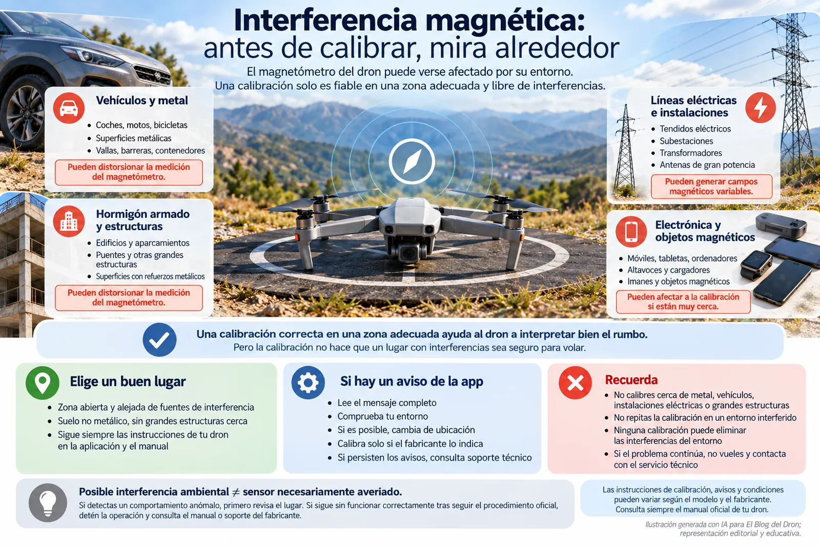 Infografía sobre fuentes de interferencia magnética alrededor de un dron antes de calibrar.