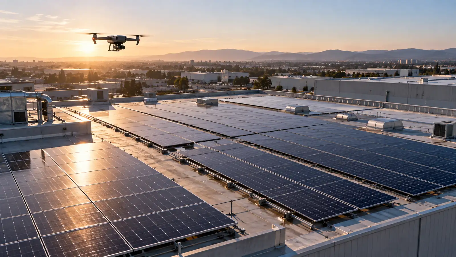 Cubierta industrial con grandes filas de paneles solares y equipos HVAC vista oblicuamente desde arriba, con un dron pequeño realizando una inspección sobre la instalación.