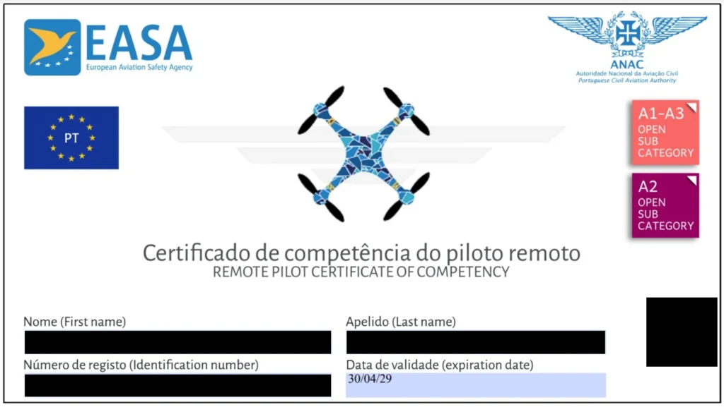 Certificado europeo de competencia de piloto remoto, categoría abierta A1-A3 y A2, con los datos personales ocultos