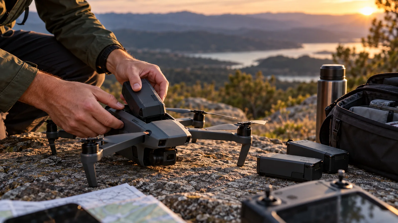 Operador preparando un dron y colocando su batería sobre un mirador de montaña al atardecer, con baterías de repuesto y equipo de vuelo.