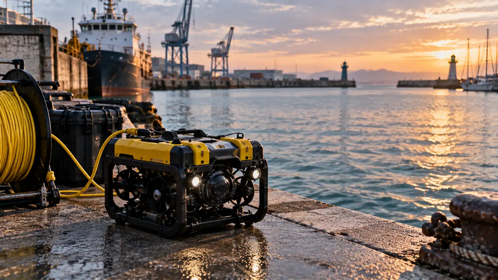 USV compacto trabajando junto a un muelle técnico en un puerto de agua azul verdosa, con bolardos, carrete de cable, embarcaciones y rompeolas al fondo.