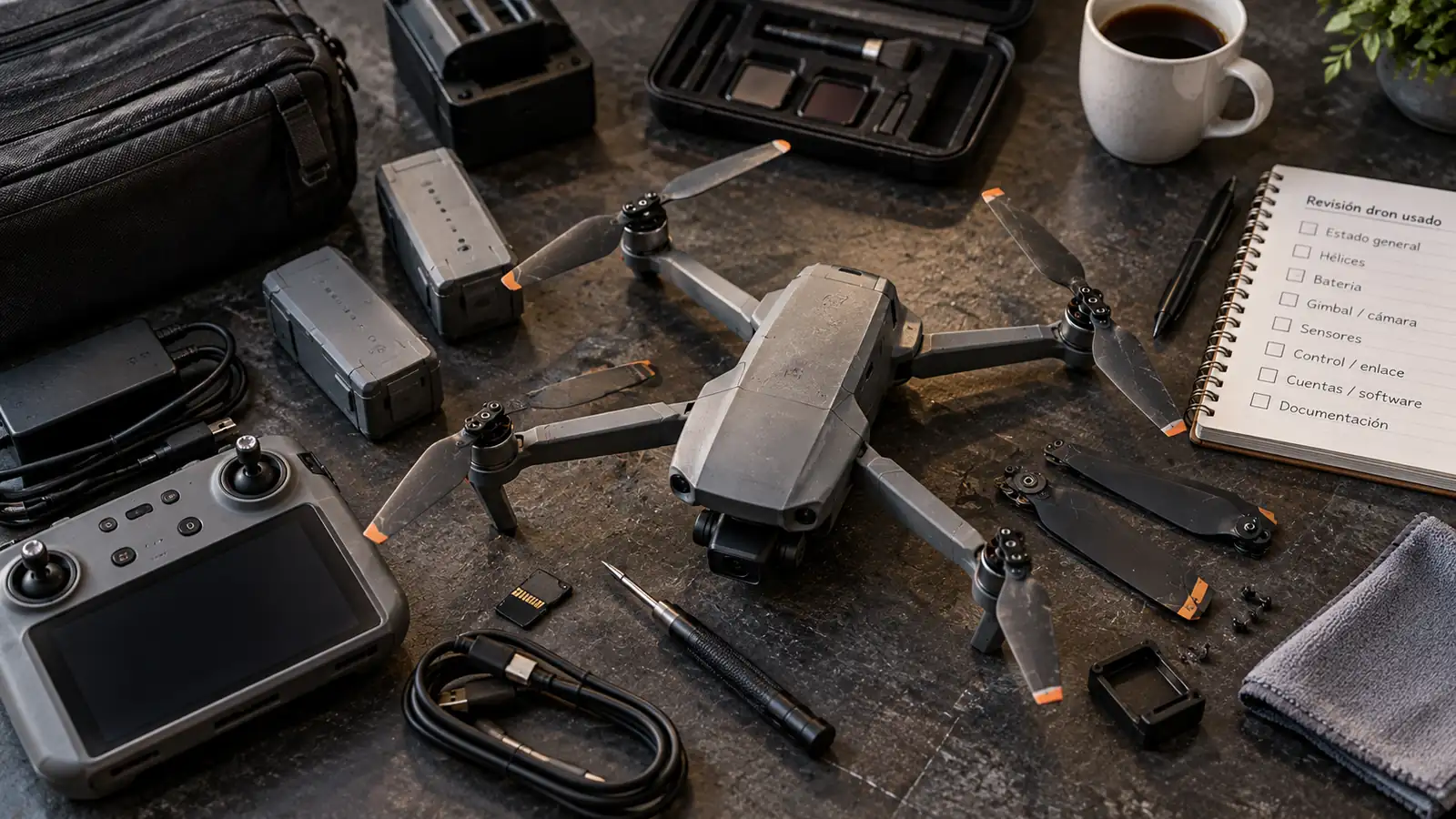 Dron aéreo usado con señales leves de desgaste sobre una mesa de inspección, rodeado de baterías, mando, hélices, cables y herramientas de revisión.