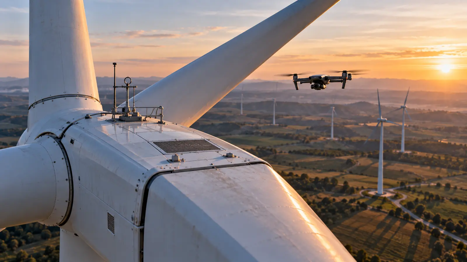 Dron compacto inspeccionando la góndola de un aerogenerador, con la infraestructura eólica dominando el encuadre y otras turbinas al fondo.