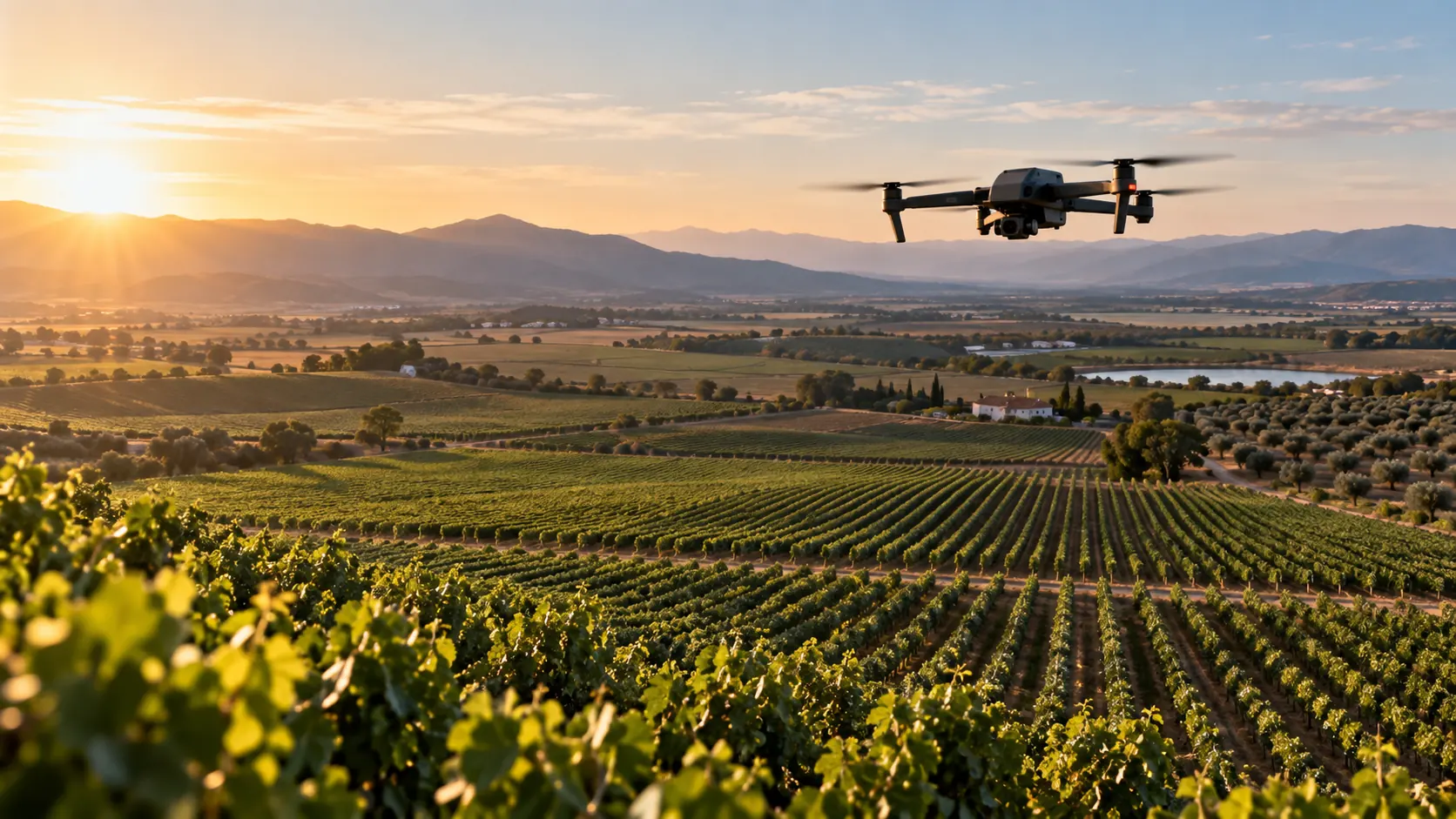 Dron de cámara volando sobre un amplio paisaje agrícola de viñedos y parcelas al atardecer, con montañas y explotaciones rurales al fondo.