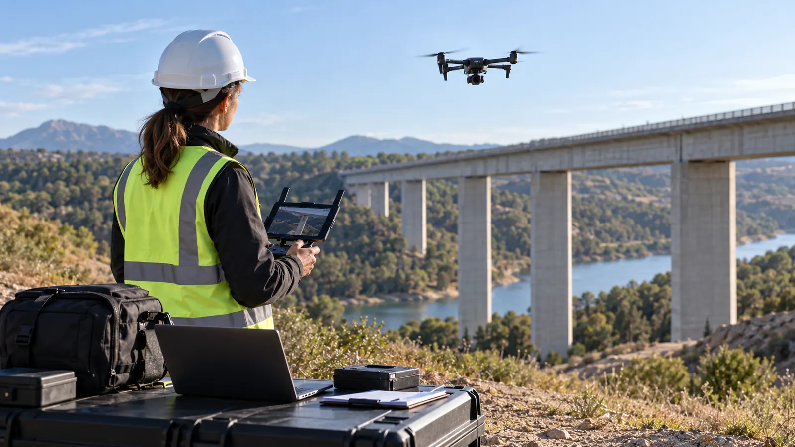 Técnica de campo operando un dron durante la inspección de un viaducto, con equipo de adquisición y procesamiento preparado en primer plano.