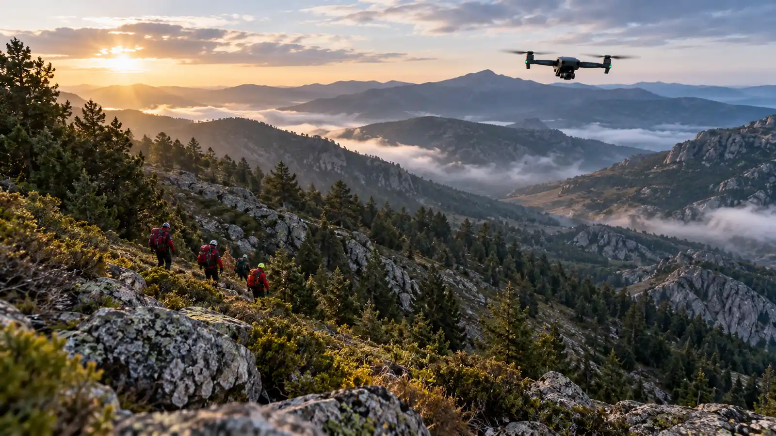 Equipo pequeño de búsqueda y rescate avanzando por una ladera rocosa y boscosa de relieve quebrado, con un dron discreto reconociendo otra zona del terreno.