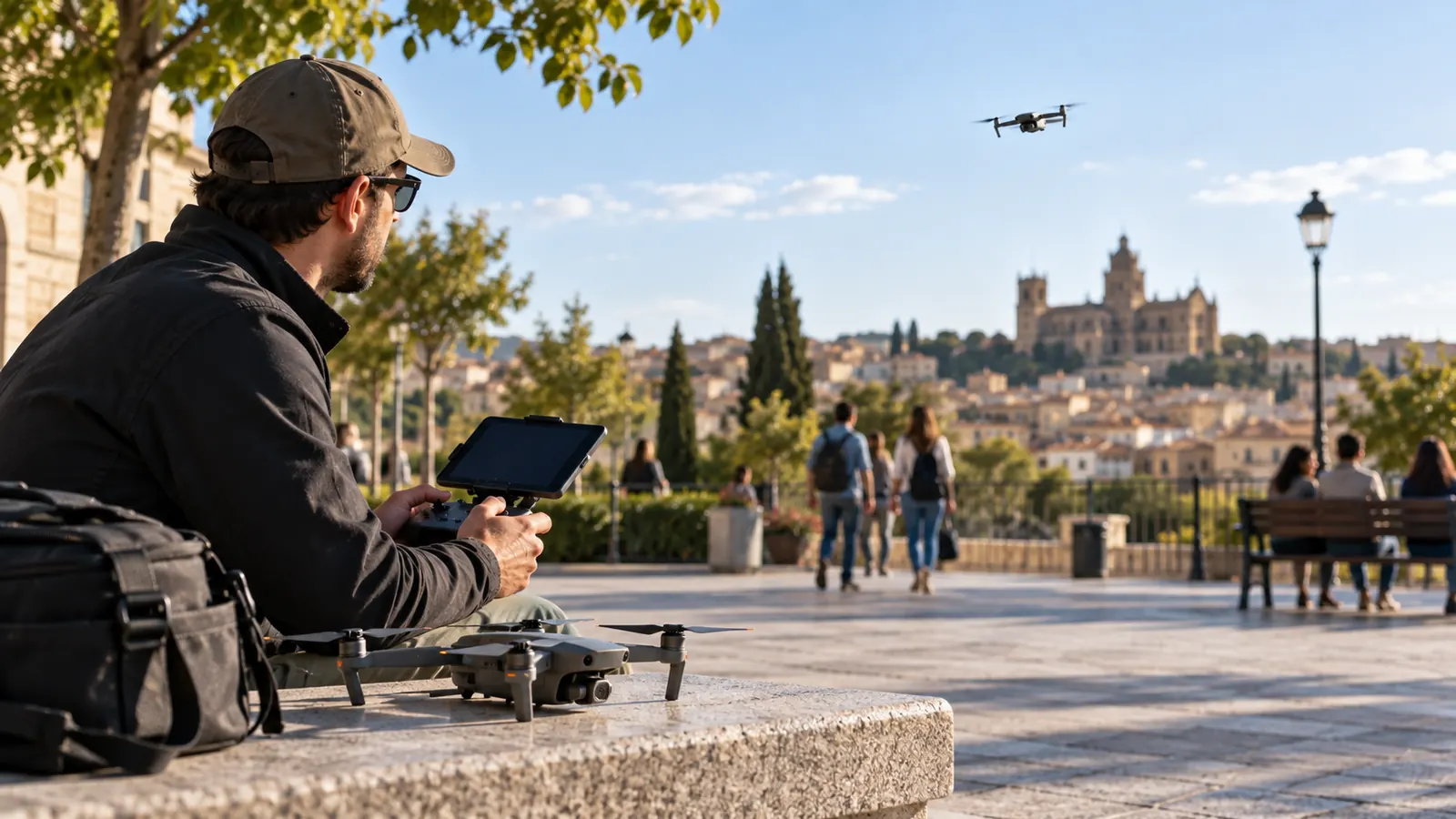 Operador de dron planificando un vuelo sobre un entorno costero con personas y viviendas a distancia, en una escena de uso responsable de la cámara.