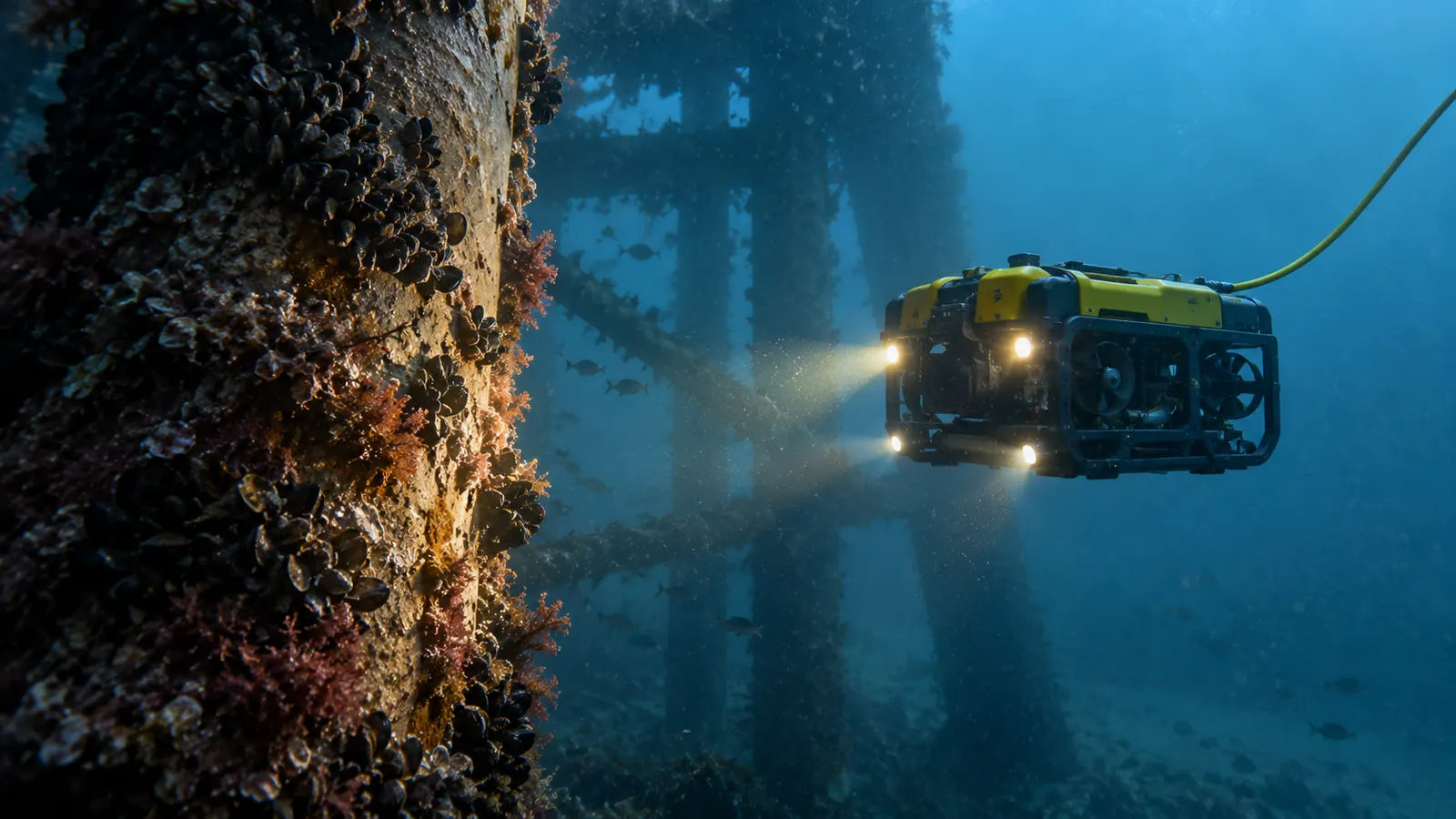 ROV con cable e iluminación propia inspeccionando una estructura sumergida cubierta de organismos en agua con partículas y visibilidad limitada.