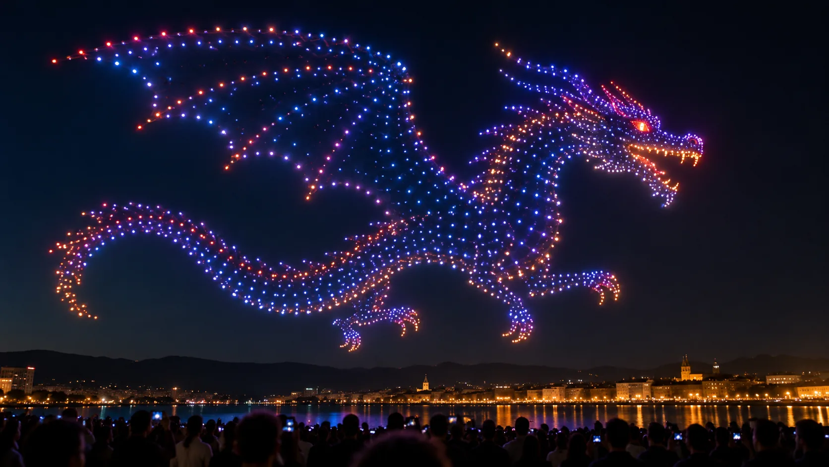 Espectáculo nocturno de luces con drones formando un dragón
