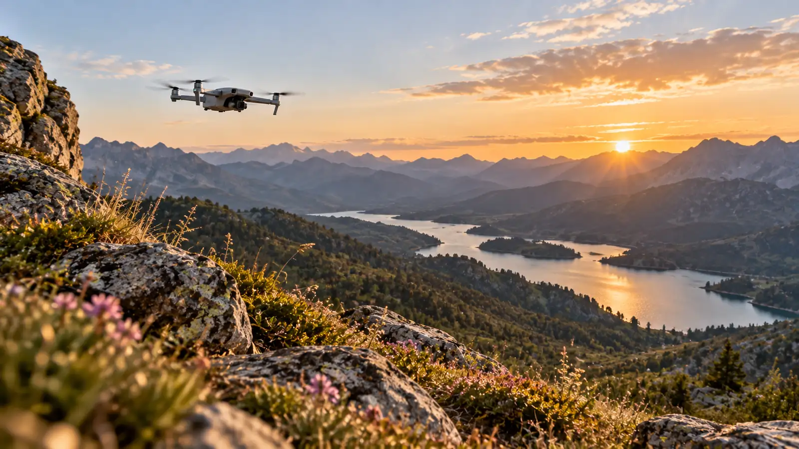 Dron ligero volando sobre un valle montañoso con lago al atardecer, visto desde una ladera rocosa con vegetación en primer plano.