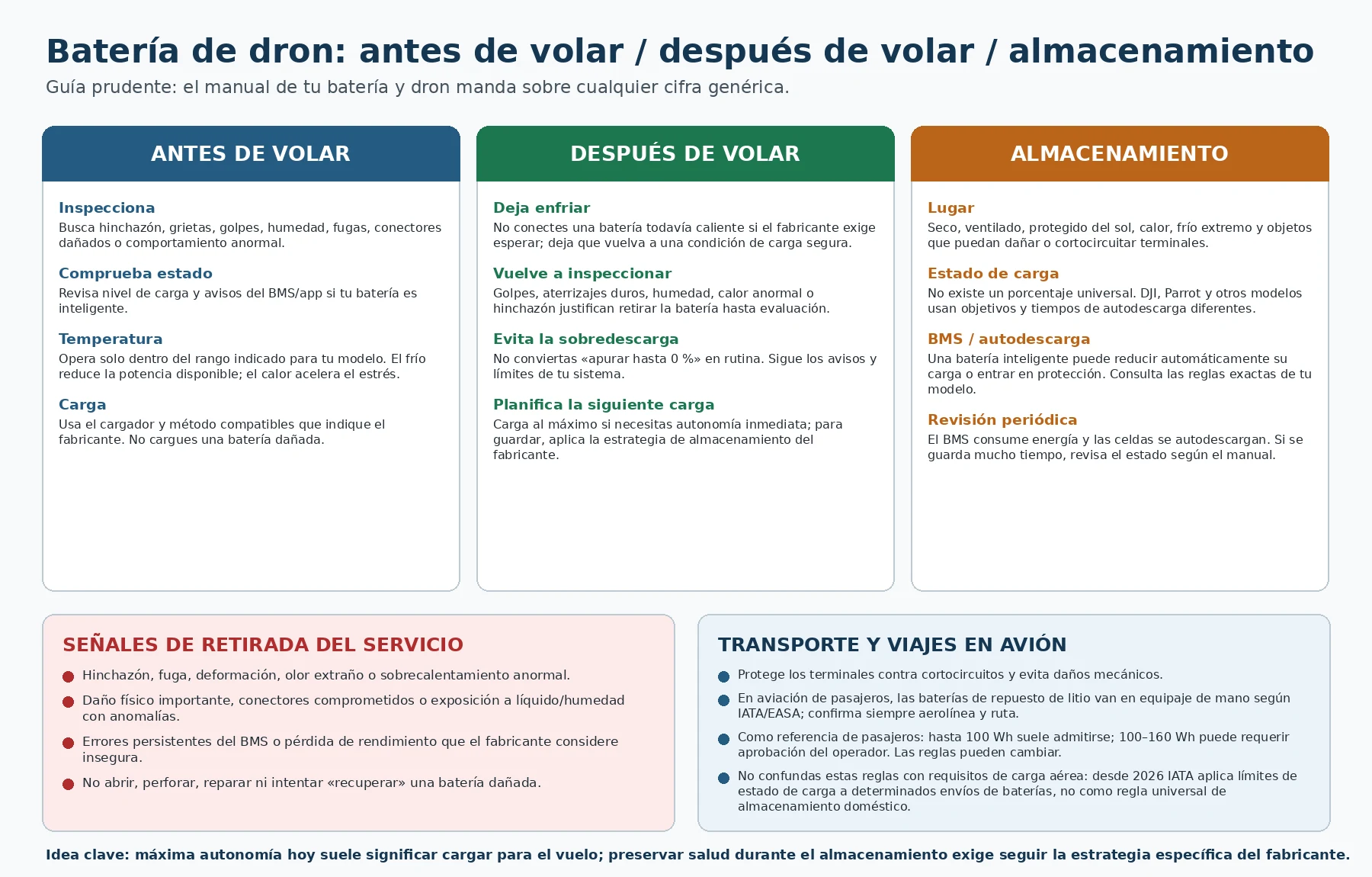 Infografía Batería de dron con recomendaciones antes de volar, después de volar, almacenamiento, retirada del servicio y viajes en avión.