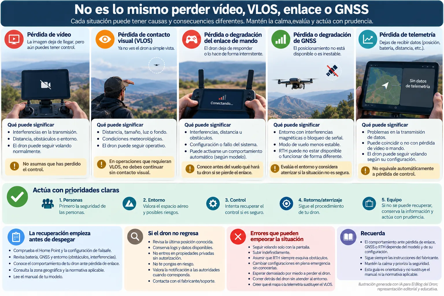 Infografía que diferencia pérdida de vídeo, contacto visual VLOS, enlace de mando, telemetría y GNSS en una operación con dron.