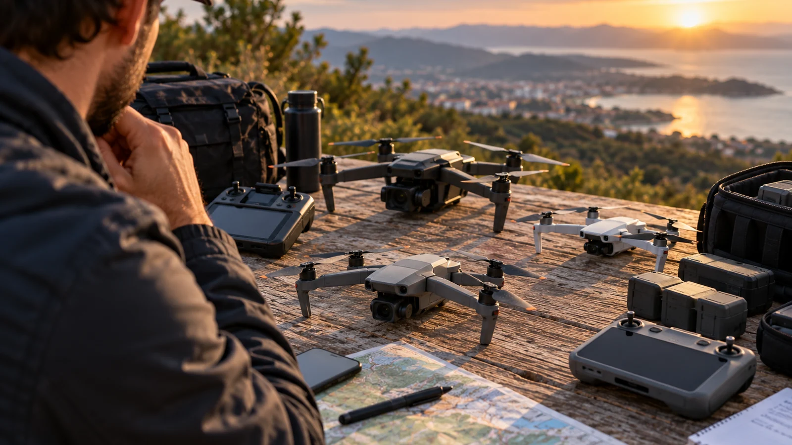 Persona comparando varios tipos de drones, mandos y accesorios sobre una mesa de campo al atardecer antes de decidir qué equipo utilizar.