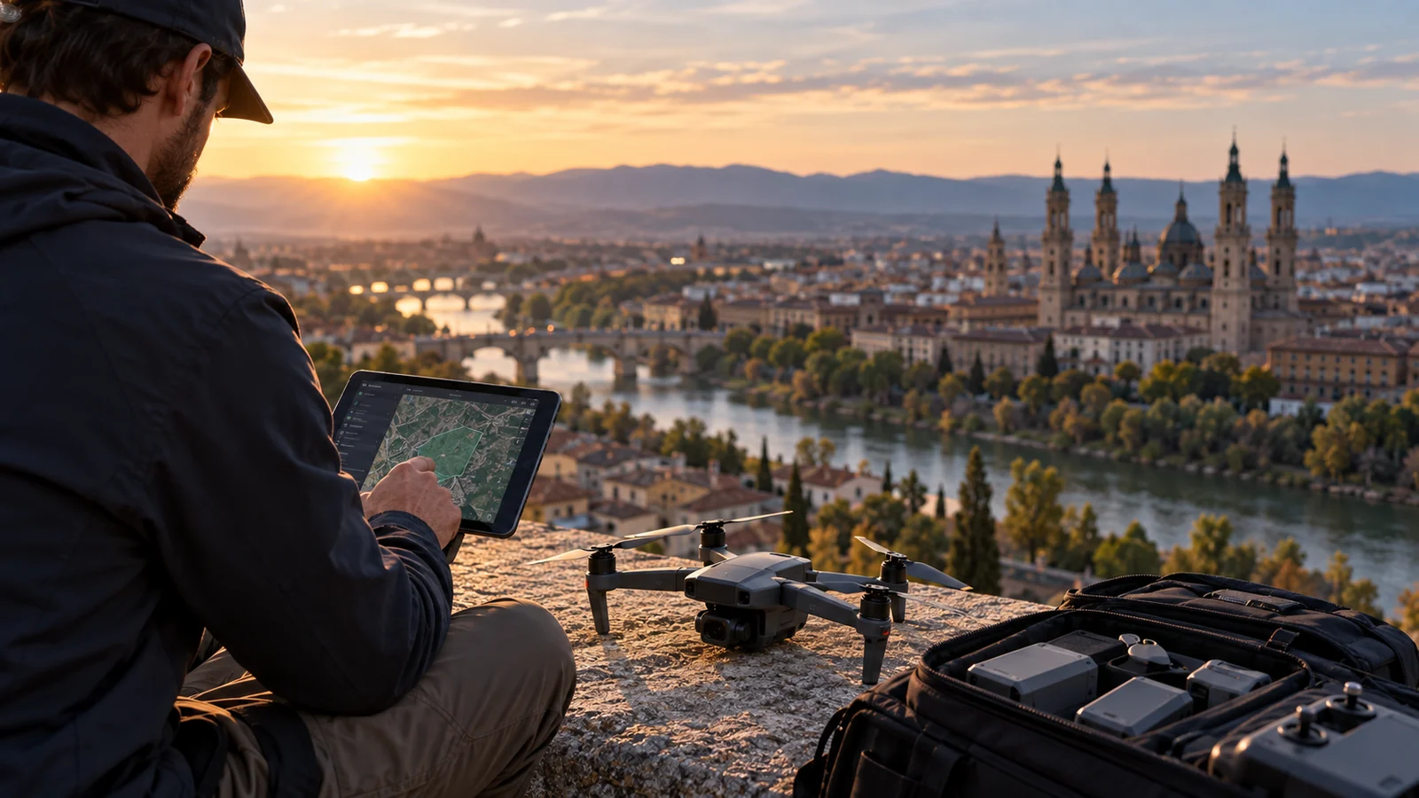 Piloto de dron planificando un vuelo con una tableta mientras el dron permanece en tierra, frente a un entorno urbano europeo junto a un río al atardecer.