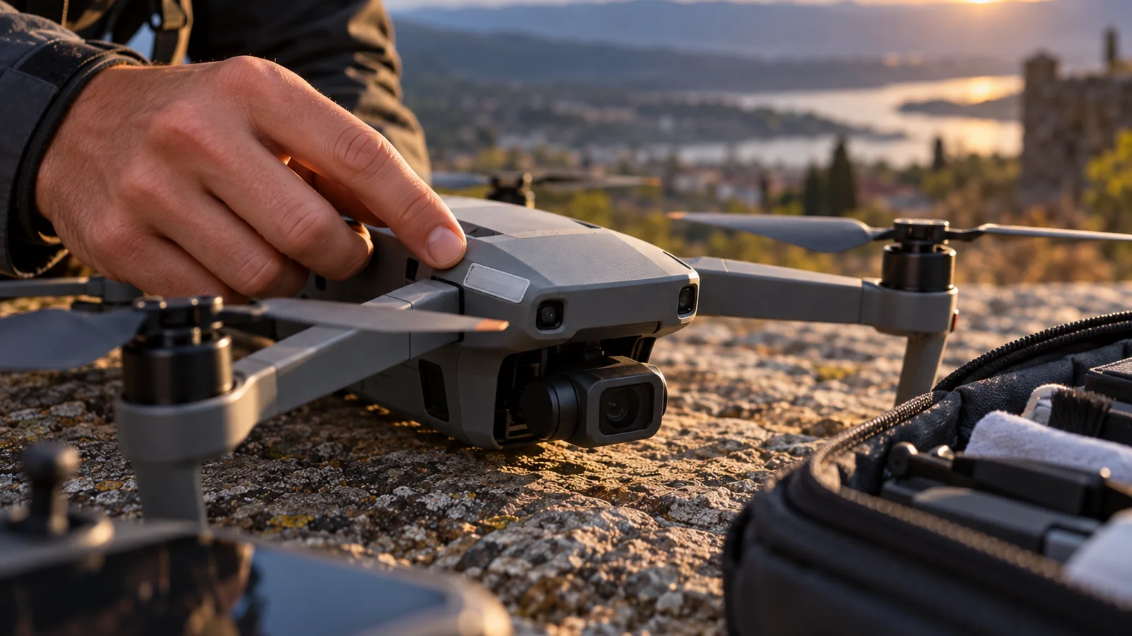 Primer plano de un operador comprobando un dron apoyado en tierra antes del vuelo, con una pequeña zona exterior de identificación sin texto legible y paisaje europeo genérico al fondo.