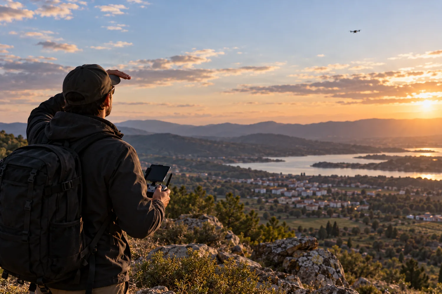 Operador observando un dron pequeño a distancia sobre un paisaje abierto durante la preparación de una recuperación prudente del contacto visual.
