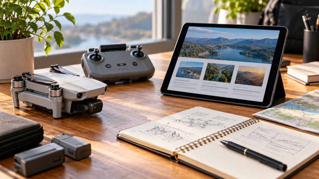 Mesa de trabajo con un dron plegado, un mando, una tablet con fotografías aéreas, una libreta con bocetos, un mapa y baterías, preparados para aprender antes de volar