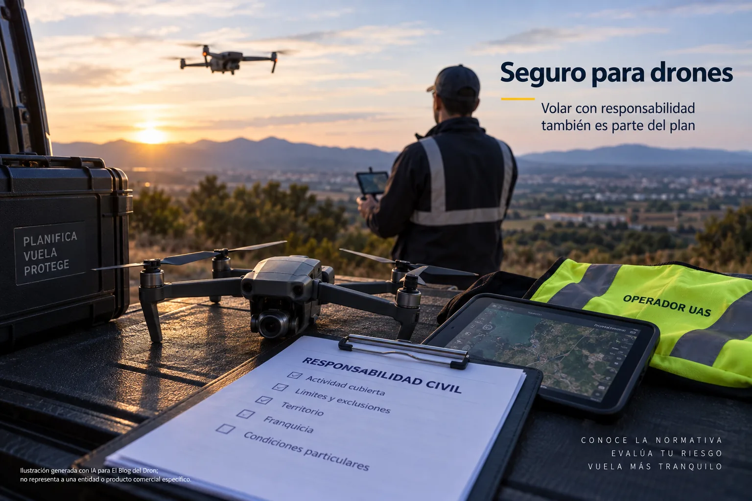 Operador de UAS preparando un vuelo con un dron, mando, documentación de responsabilidad civil y equipo de campo al atardecer.