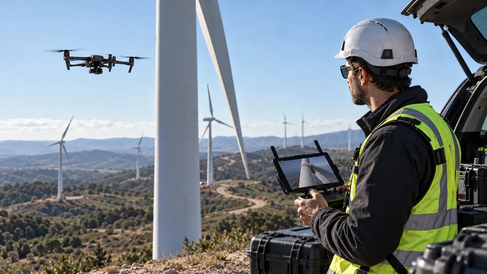 Técnico situado a la derecha supervisando con un mando la inspección de un aerogenerador mientras el dron trabaja a la izquierda de la escena.