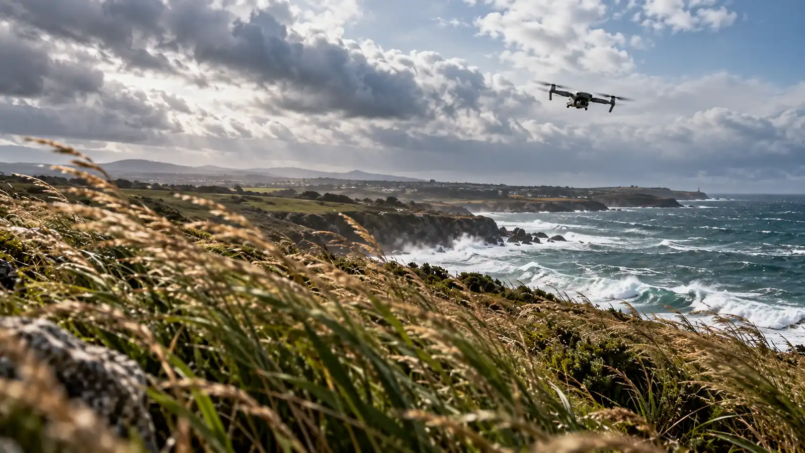 Costa abierta y ventosa con hierba alta inclinada, oleaje y nubes dinámicas; un dron pequeño vuela como elemento secundario.