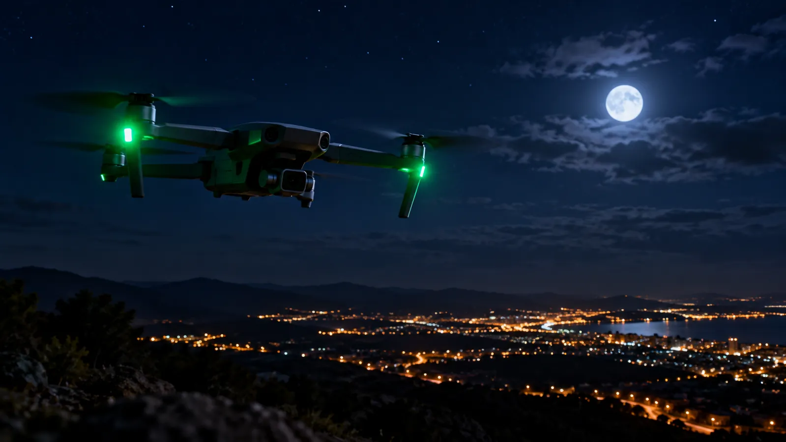 Dron con luces verdes en vuelo nocturno sobre una ladera, con la luna y las luces de una ciudad costera al fondo